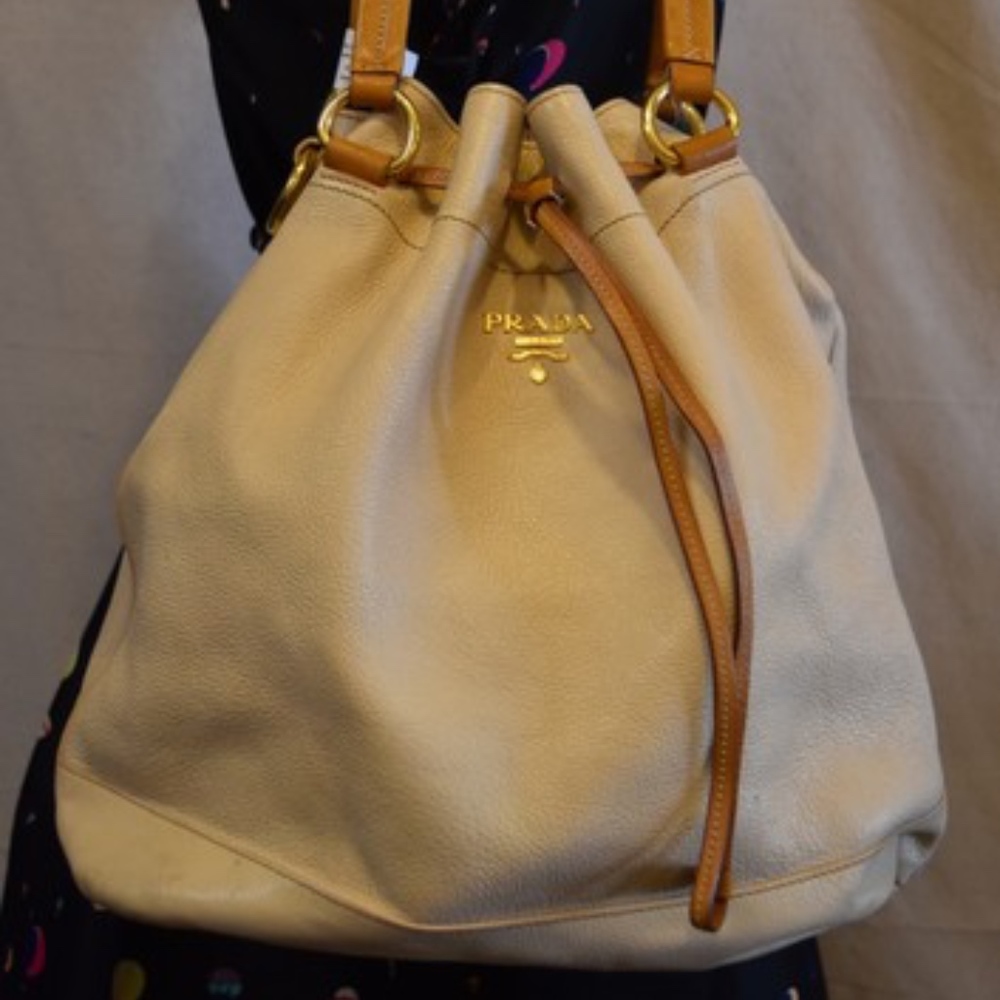 Prada Bucket Style Tote Tan Leather Bag
